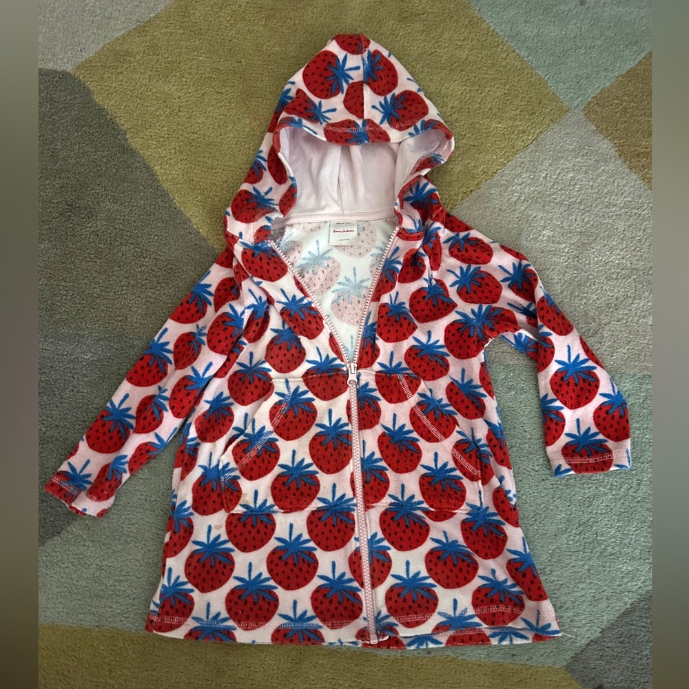 Hanna Andersson Pink Hooded Zip-Up Robe with Red & Blue Strawberry Accents
